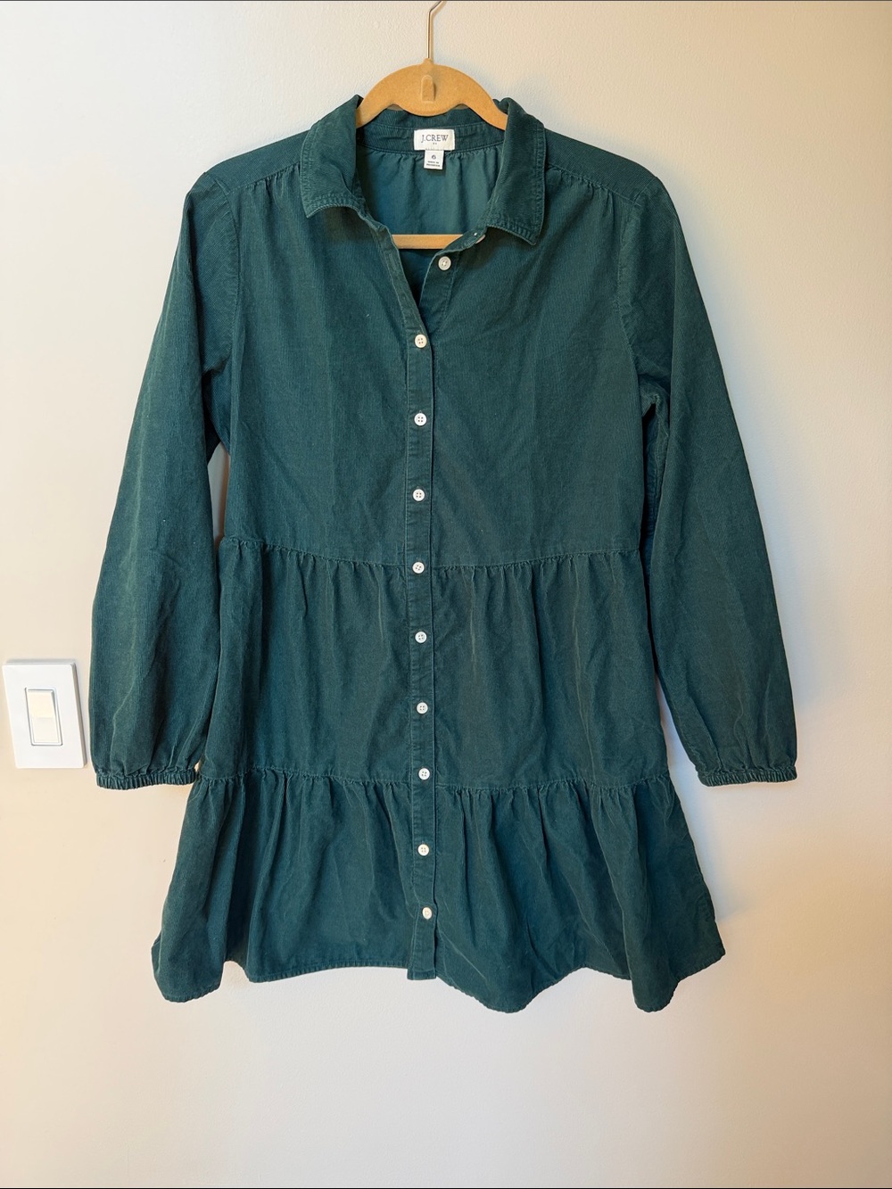 J. Crew Dark Green Corduroy Tiered Button-Front Dress